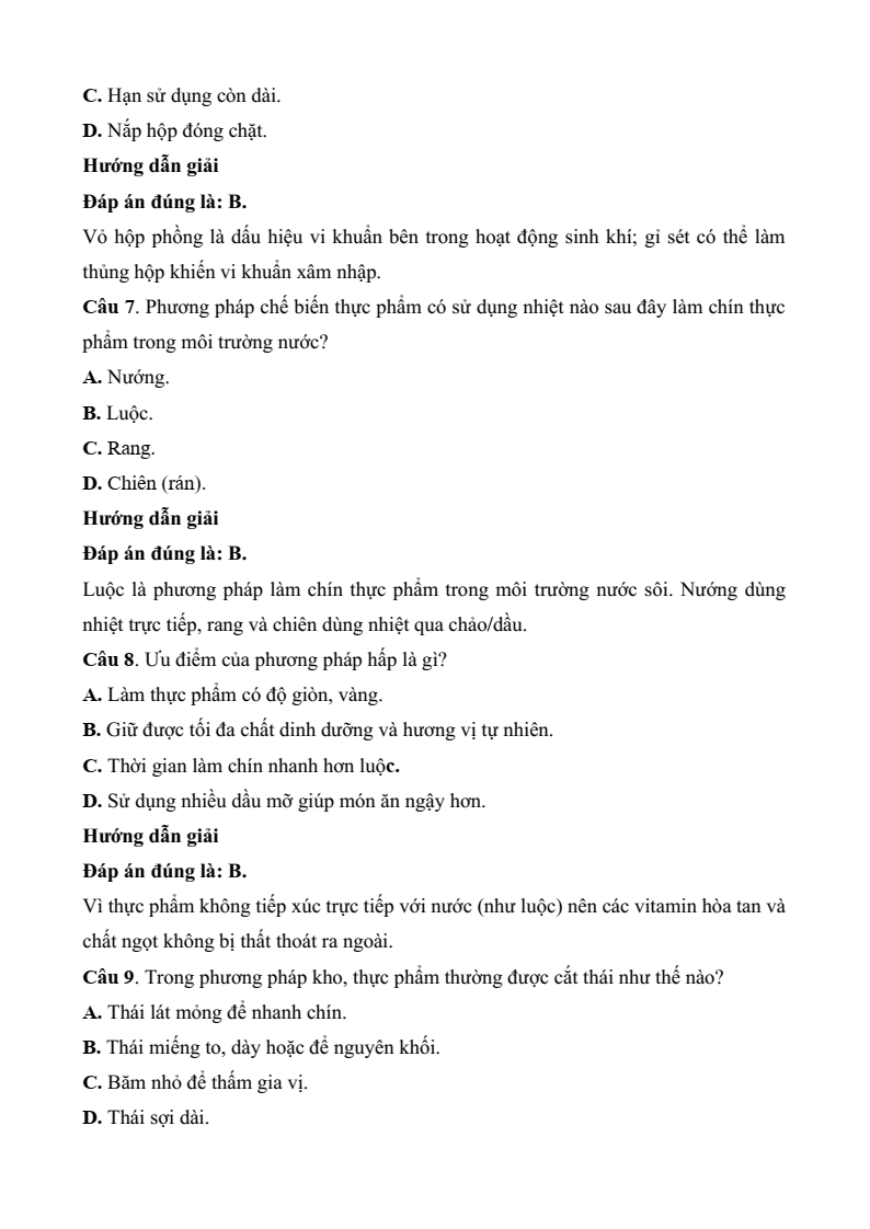 Đề thi Giữa kì 2 Công nghệ 9 Kết nối tri thức Chế biến thực phẩm (có đáp án)