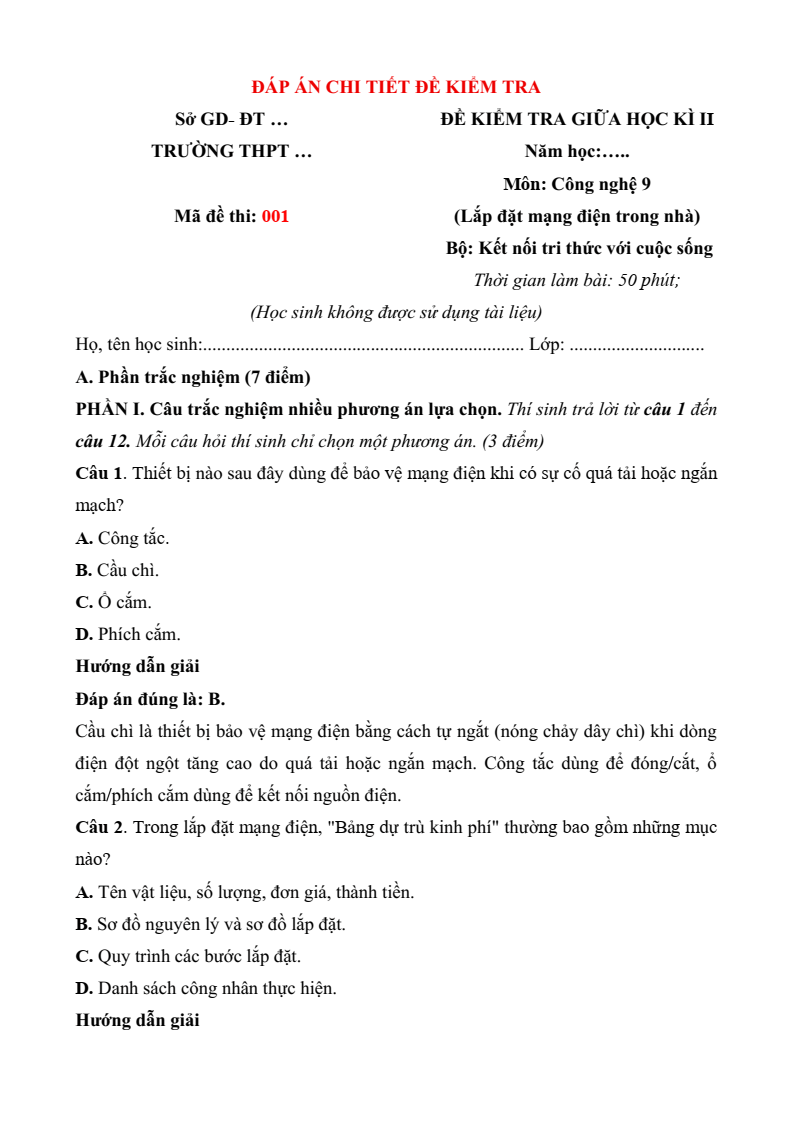 Đề thi Giữa kì 2 Công nghệ 9 Kết nối tri thức Lắp đặt mạng điện trong nhà (có đáp án)