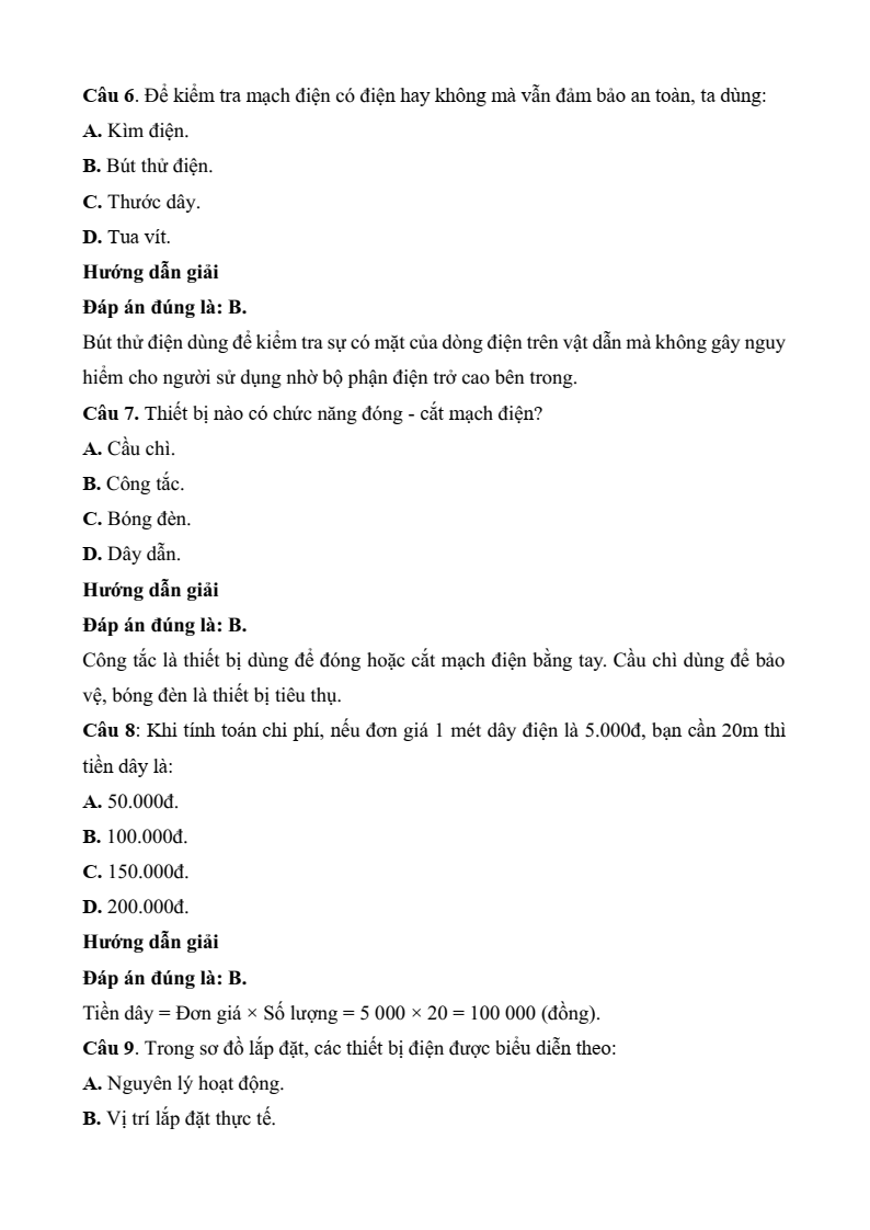 Đề thi Giữa kì 2 Công nghệ 9 Kết nối tri thức Lắp đặt mạng điện trong nhà (có đáp án)