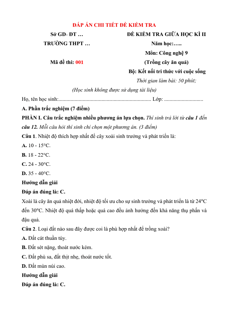 Đề thi Giữa kì 2 Công nghệ 9 Kết nối tri thức Trồng cây ăn quả (có đáp án)