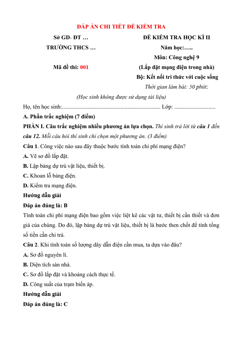 Đề thi Học kì 2 Công nghệ 9 Kết nối tri thức Lắp đặt mạng điện trong nhà (có đáp án)