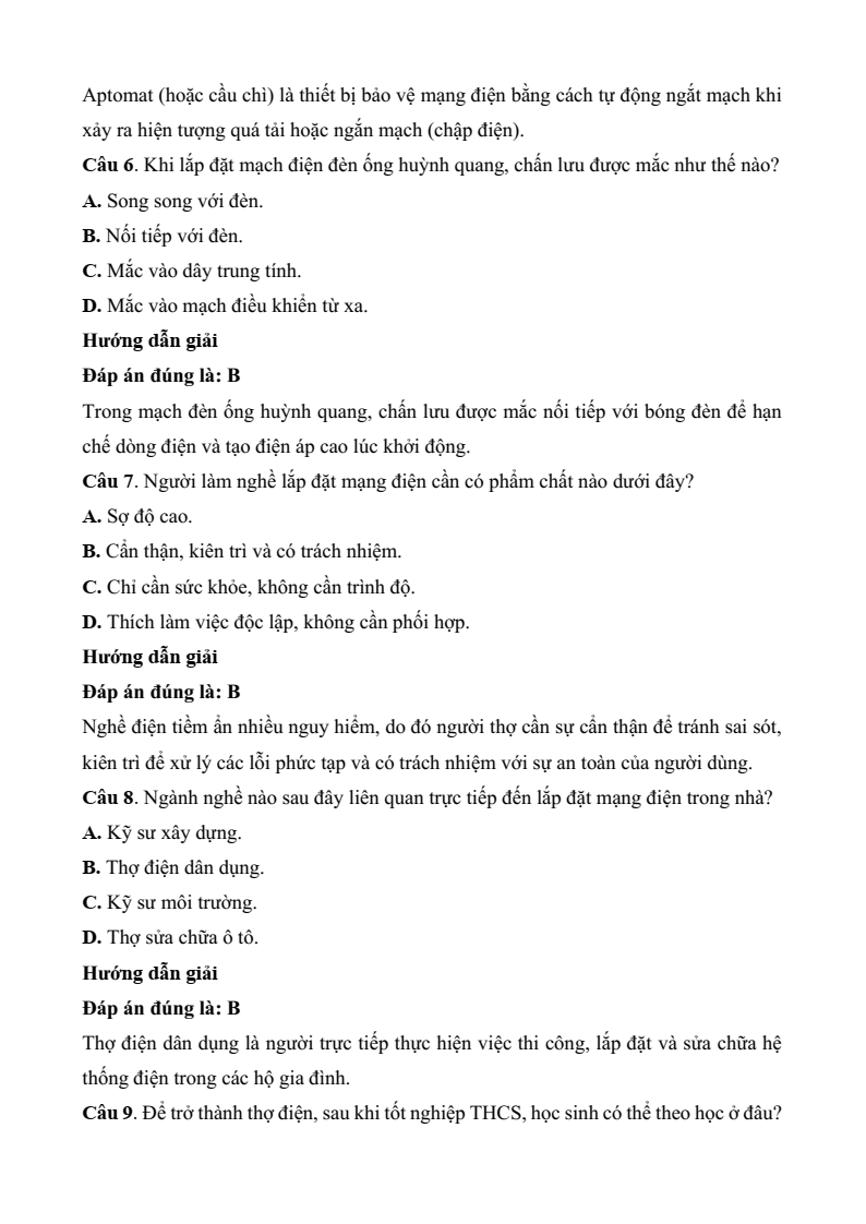 Đề thi Học kì 2 Công nghệ 9 Kết nối tri thức Lắp đặt mạng điện trong nhà (có đáp án)