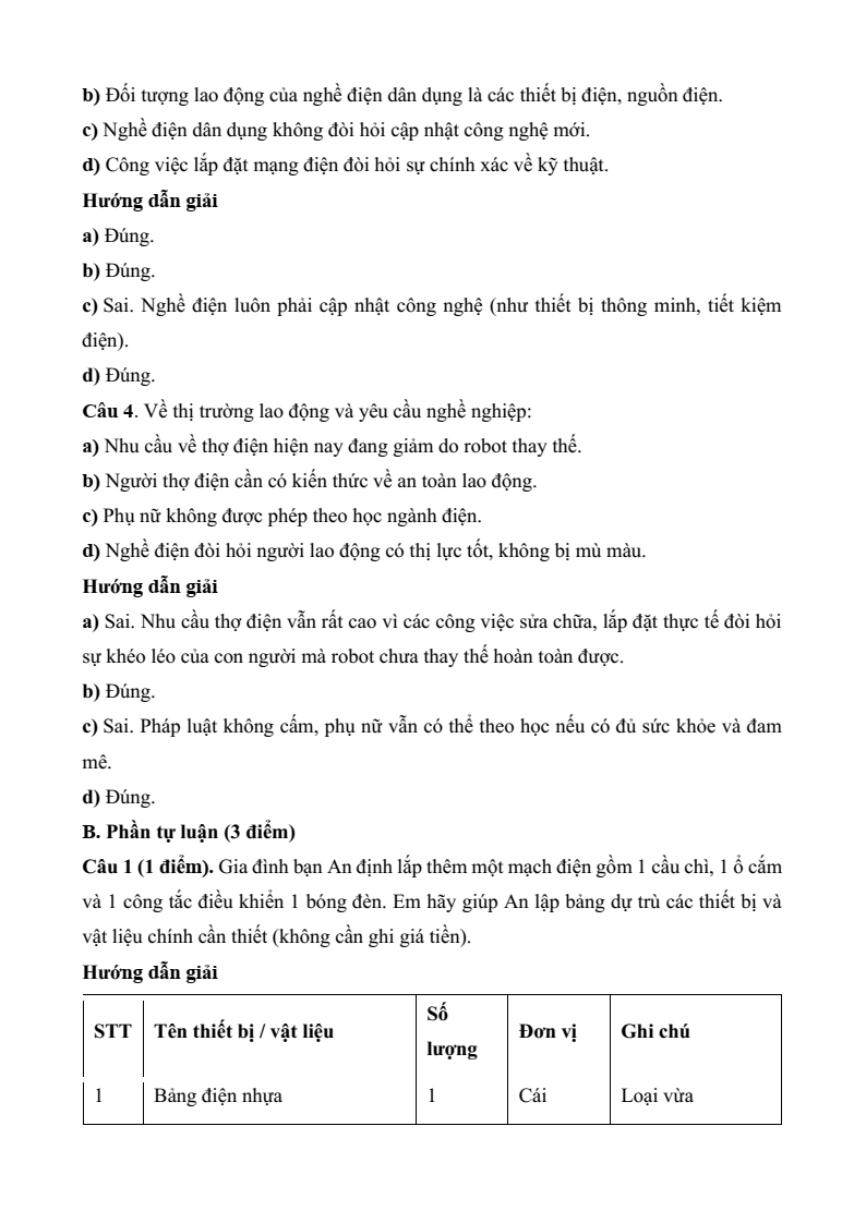 Đề thi Học kì 2 Công nghệ 9 Kết nối tri thức Lắp đặt mạng điện trong nhà (có đáp án)
