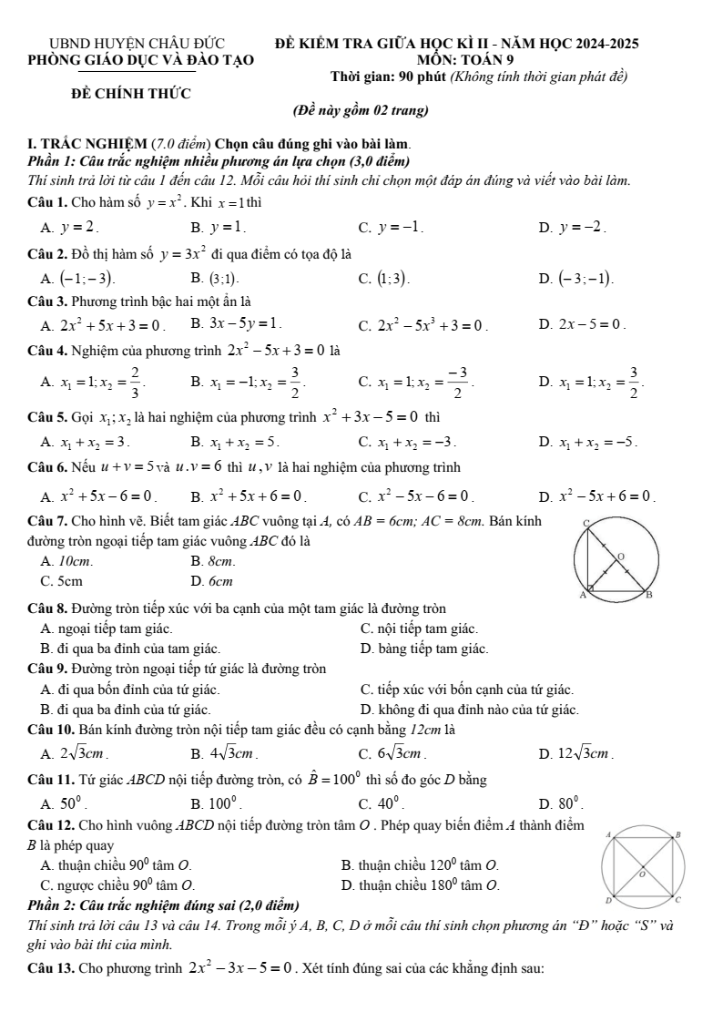 Đề thi Giữa kì 2 Toán 9 phòng GD&ĐT Châu Đức (Bà Rịa - Vũng Tàu) năm 2024-2025