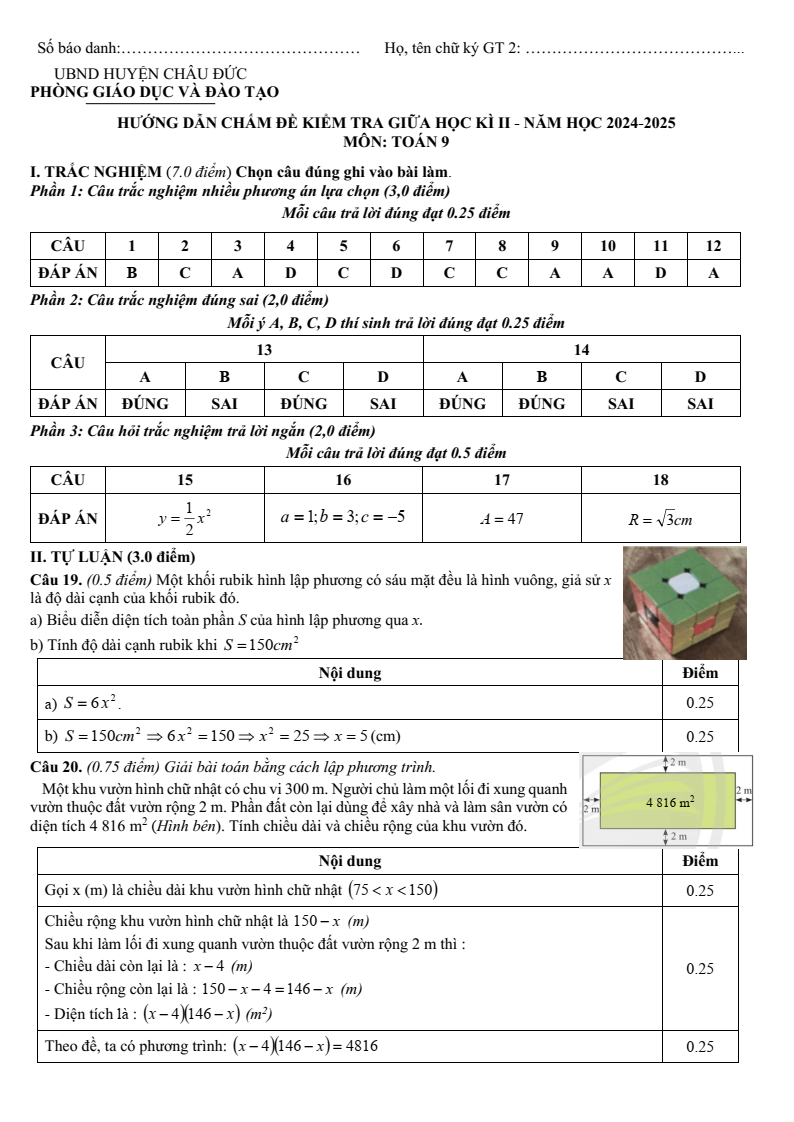 Đề thi Giữa kì 2 Toán 9 phòng GD&ĐT Châu Đức (Bà Rịa - Vũng Tàu) năm 2024-2025