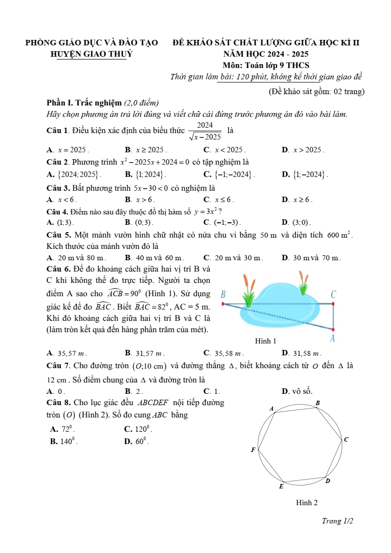 Đề thi Giữa kì 2 Toán 9 phòng GD&ĐT Giao Thủy (Nam Định) năm 2024-2025