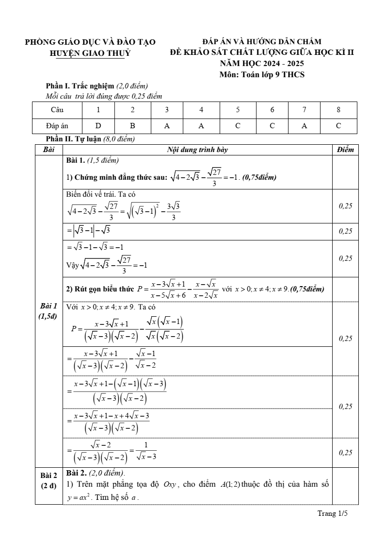 Đề thi Giữa kì 2 Toán 9 phòng GD&ĐT Giao Thủy (Nam Định) năm 2024-2025