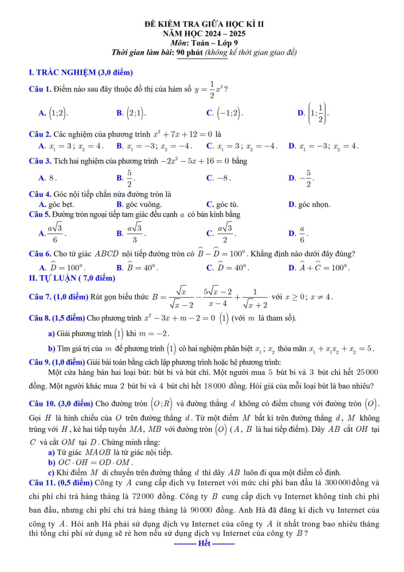 Đề thi Giữa kì 2 Toán 9 phòng GD&ĐT Lương Tài (Bắc Ninh) năm 2024-2025