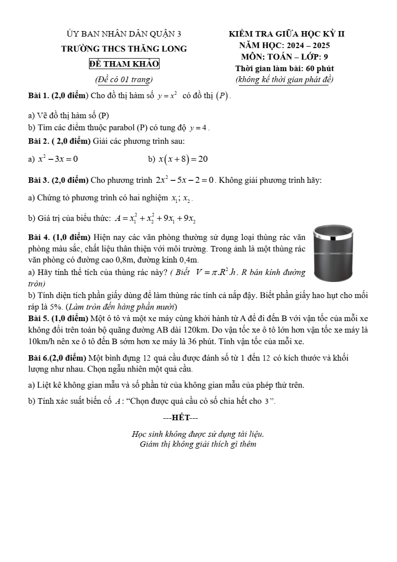 Đề thi Giữa kì 2 Toán 9 phòng GD&ĐT Quận 3 (Tp.HCM) năm 2024-2025