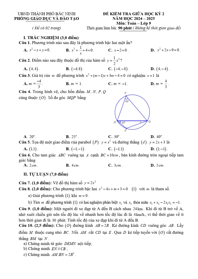 Đề thi Giữa kì 2 Toán 9 phòng GD&ĐT thành phố Bắc Ninh (Bắc Ninh) năm 2024-2025