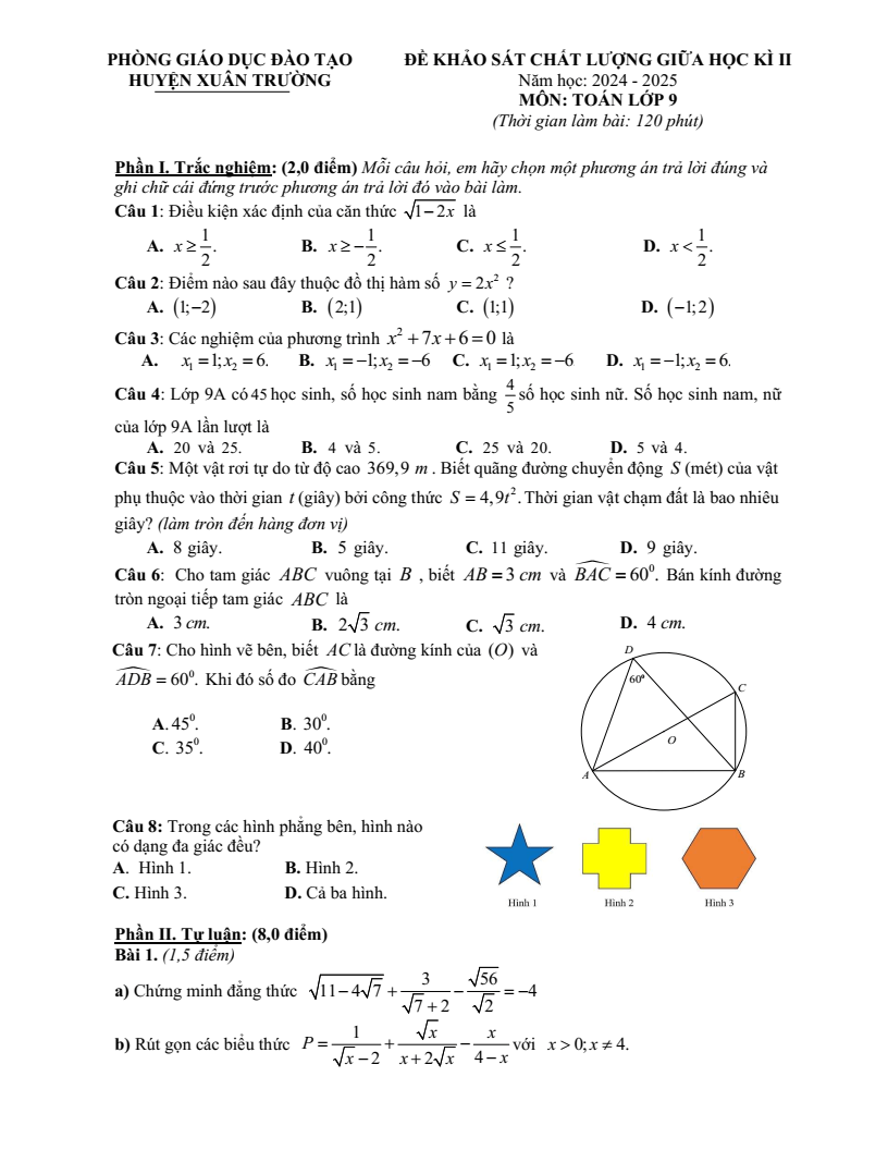 Đề thi Giữa kì 2 Toán 9 phòng GD&ĐT Xuân Trường (Nam Định) năm 2024-2025