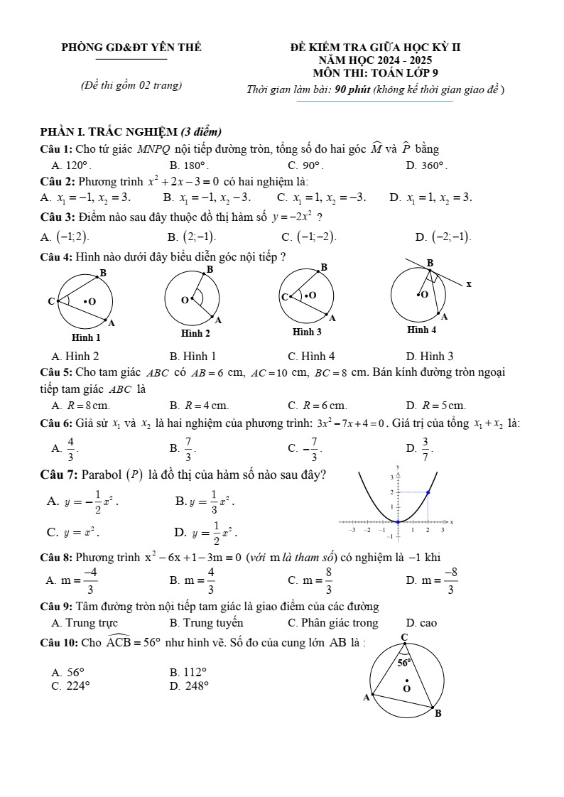 Đề thi Giữa kì 2 Toán 9 phòng GD&ĐT Yên Thế (Bắc Giang) năm 2024-2025