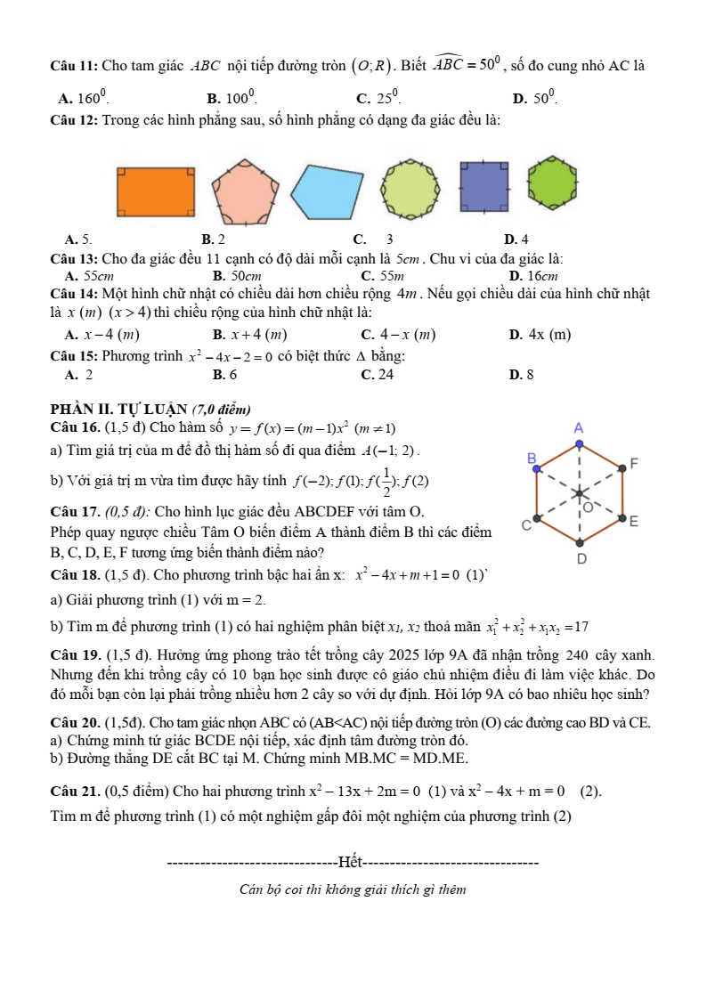 Đề thi Giữa kì 2 Toán 9 phòng GD&ĐT Yên Thế (Bắc Giang) năm 2024-2025
