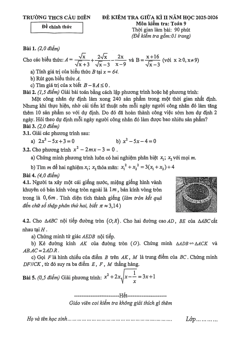 Đề thi Giữa kì 2 Toán 9 trường THCS Cầu Diễn (Hà Nội) năm 2025-2026