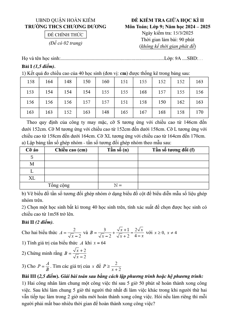 Đề thi Giữa kì 2 Toán 9 trường THCS Chương Dương (Hà Nội) năm 2024-2025
