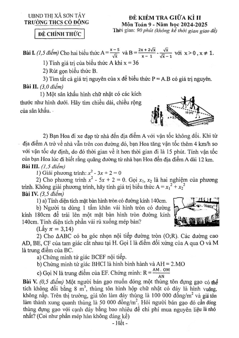 Đề thi Giữa kì 2 Toán 9 trường THCS Cổ Đông (Hà Nội) năm 2024-2025