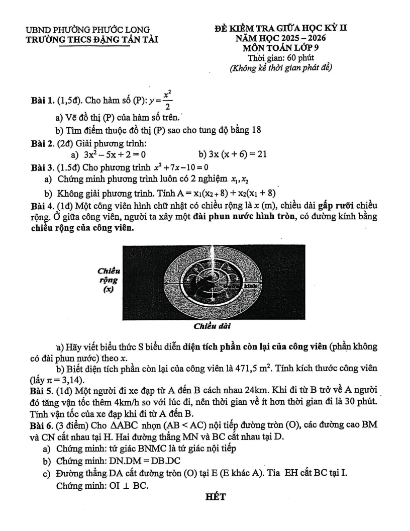 Đề thi Giữa kì 2 Toán 9 trường THCS Đặng Tấn Tài (TP HCM) năm 2025-2026