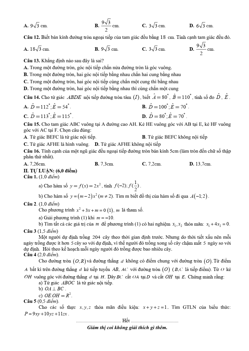 Đề thi Giữa kì 2 Toán 9 trường THCS Đồi Ngô (Bắc Ninh) năm 2025-2026
