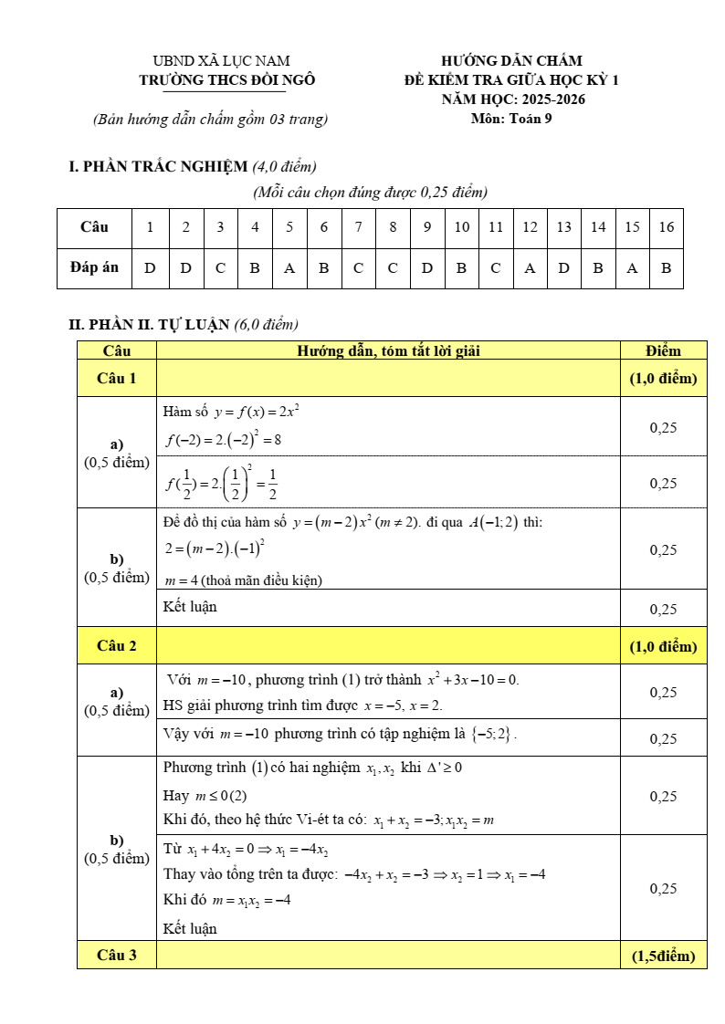 Đề thi Giữa kì 2 Toán 9 trường THCS Đồi Ngô (Bắc Ninh) năm 2025-2026