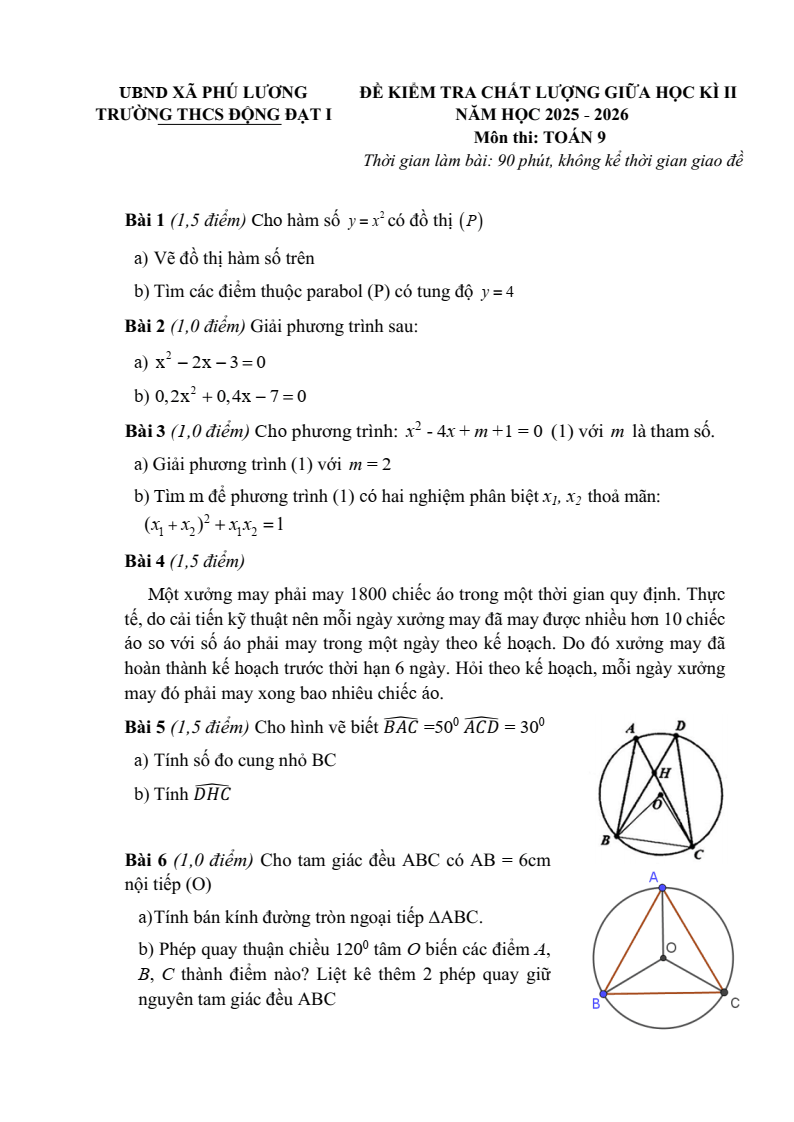 Đề thi Giữa kì 2 Toán 9 trường THCS Động Đạt I (Thái Nguyên) năm 2025-2026