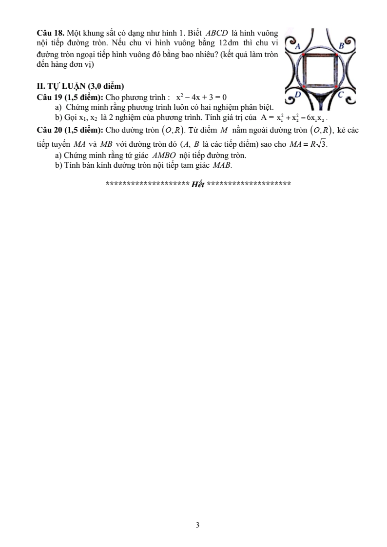 Đề thi Giữa kì 2 Toán 9 trường THCS Hoàng Diệu (Hải Phòng) năm 2024-2025