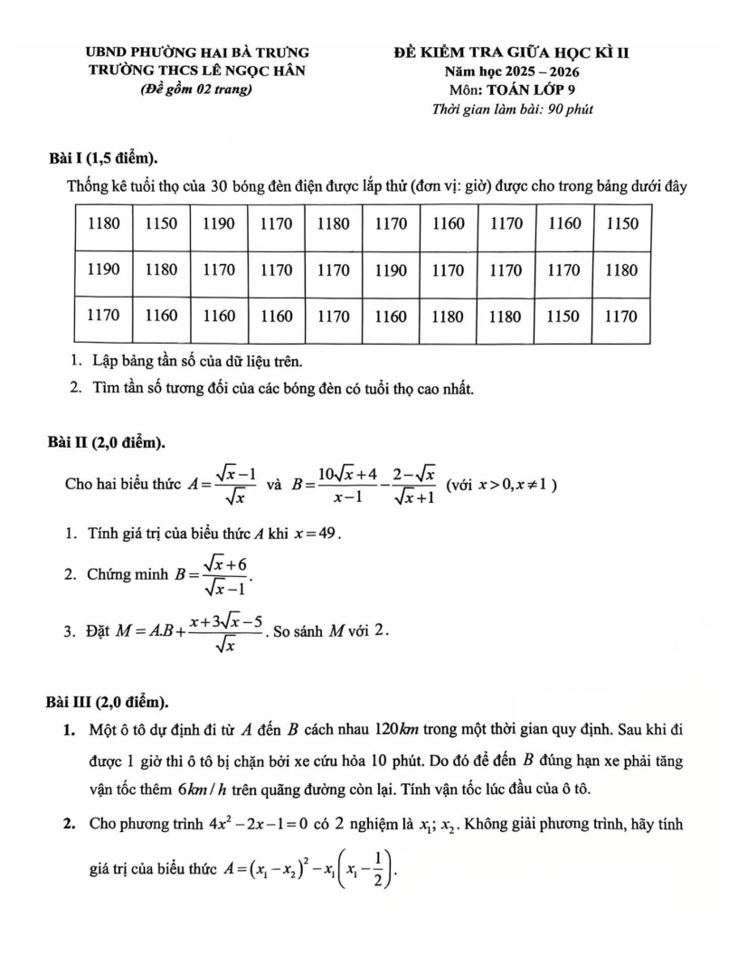 Đề thi Giữa kì 2 Toán 9 trường THCS Lê Ngọc Hân (Hà Nội) năm 2025-2026