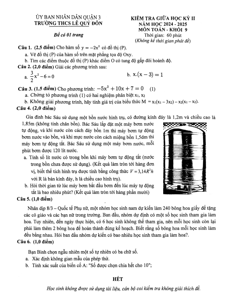 Đề thi Giữa kì 2 Toán 9 trường THCS Lê Quý Đôn (Tp.HCM) năm 2024-2025