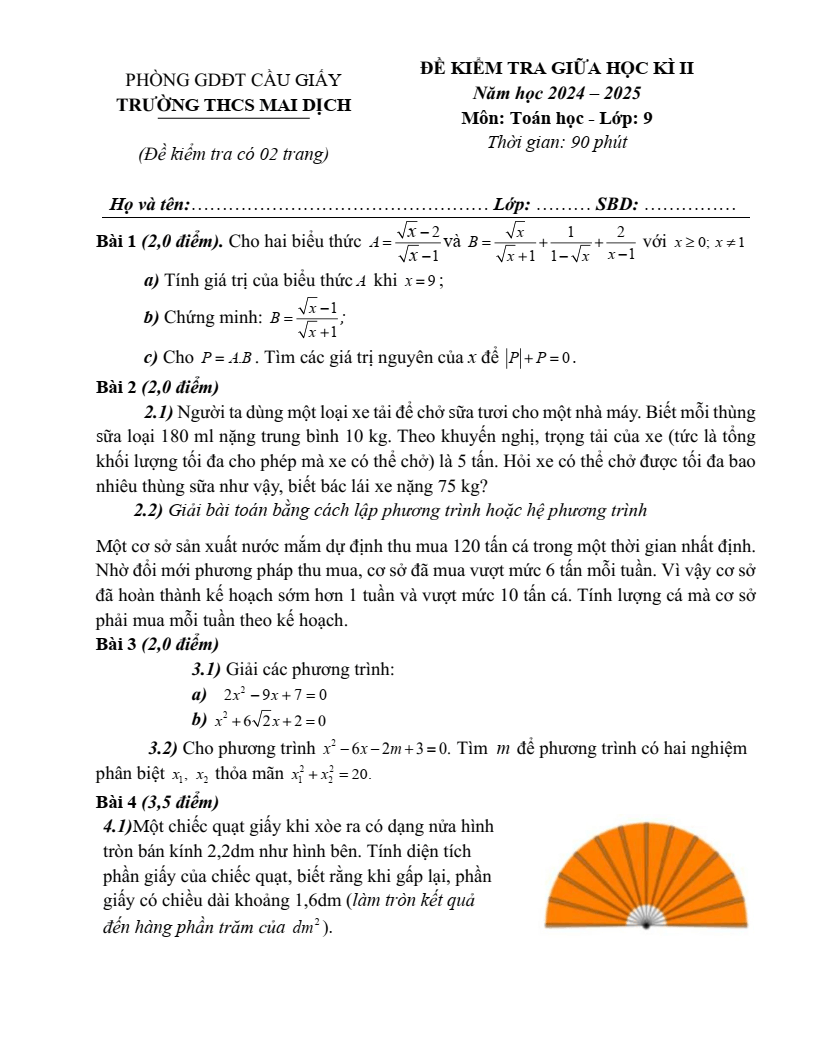 Đề thi Giữa kì 2 Toán 9 trường THCS Mai Dịch (Hà Nội) năm 2024-2025