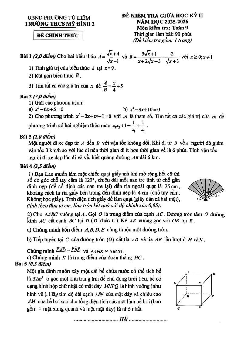 Đề thi Giữa kì 2 Toán 9 trường THCS Mỹ Đình 2 (Hà Nội) năm 2025-2026