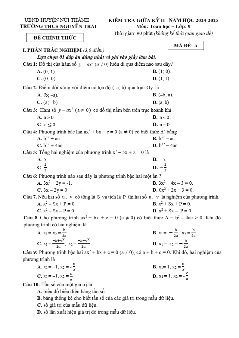 Đề thi Giữa kì 2 Toán 9 trường THCS Nguyễn Trãi (Quảng Nam) năm 2024-2025