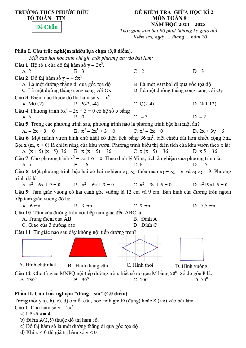 Đề thi Giữa kì 2 Toán 9 trường THCS Phước Bửu (Bà Rịa - Vũng Tàu) năm 2024-2025