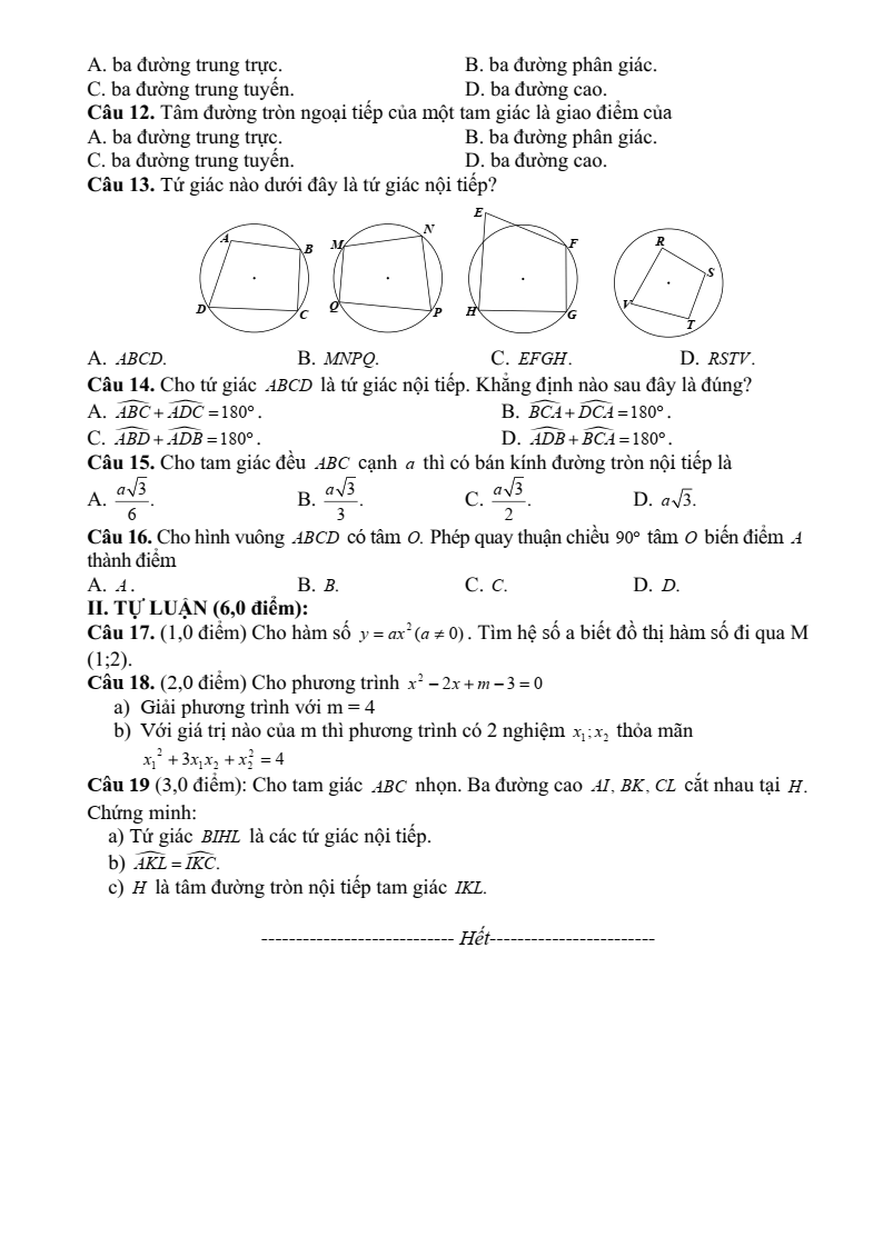 Đề thi Giữa kì 2 Toán 9 trường THCS Quảng Long (Quảng Bình) năm 2024-2025