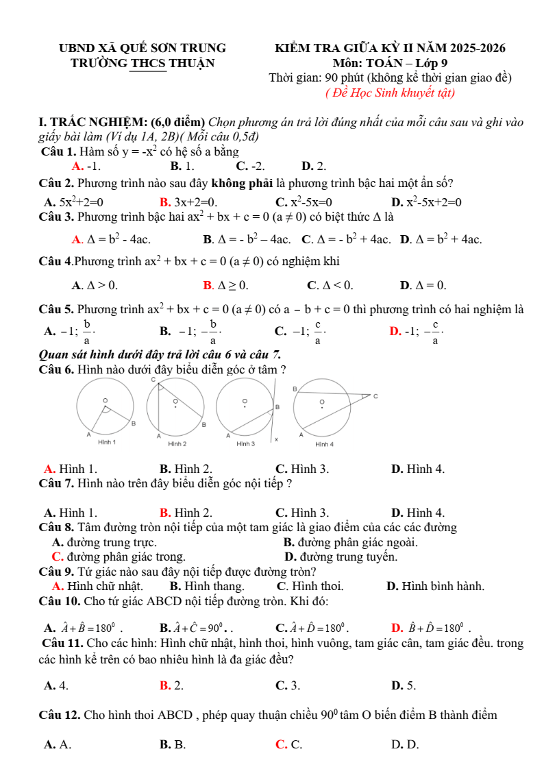 Đề thi Giữa kì 2 Toán 9 trường THCS Quế Thuận (Đà Nẵng) năm 2025-2026