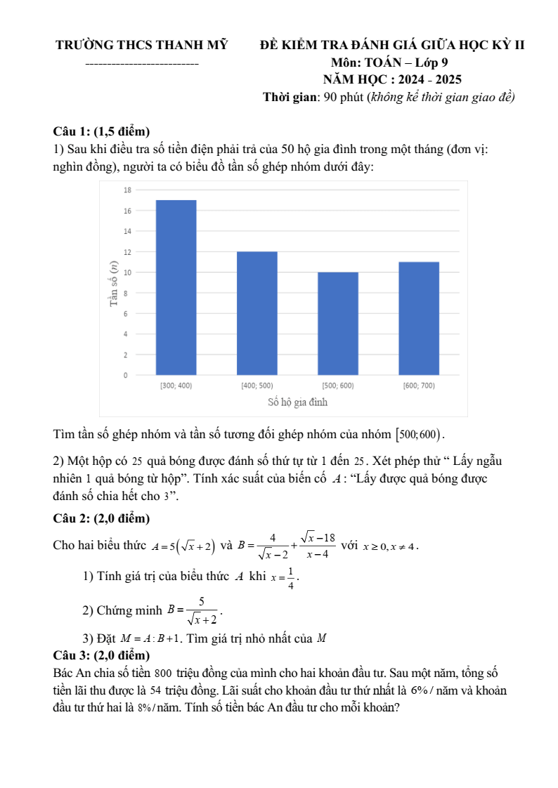 Đề thi Giữa kì 2 Toán 9 trường THCS Thanh Mỹ (Hà Nội) năm 2024-2025