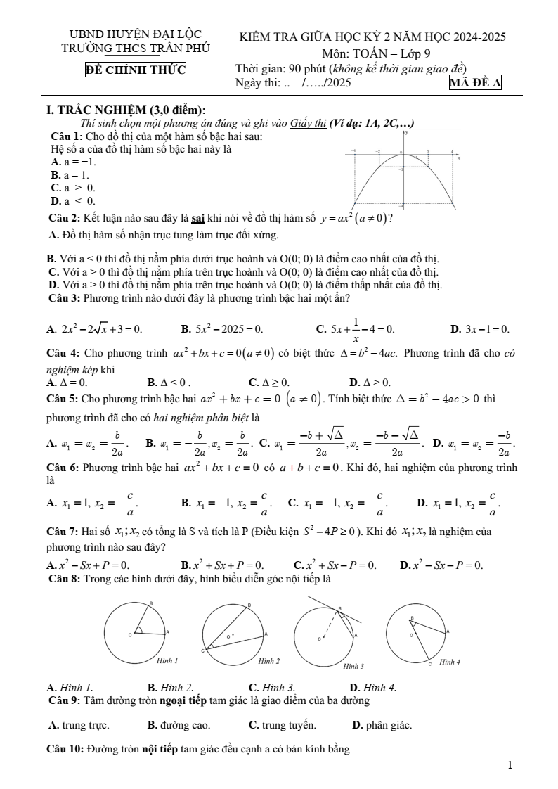 Đề thi Giữa kì 2 Toán 9 trường THCS Trần Phú (Quảng Nam) năm 2024-2025
