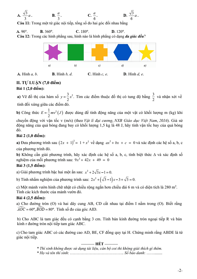 Đề thi Giữa kì 2 Toán 9 trường THCS Trần Phú (Quảng Nam) năm 2024-2025
