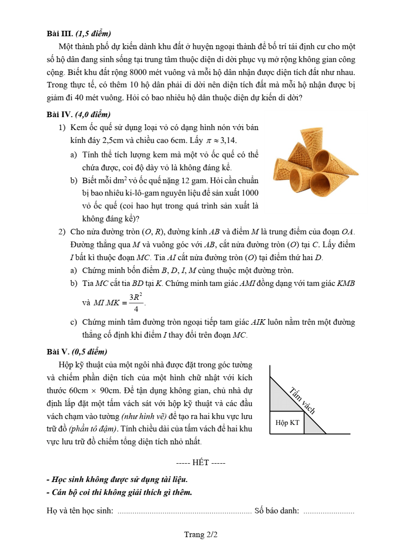 Đề thi Giữa kì 2 Toán 9 trường THCS Trưng Vương (Hà Nội) năm 2024-2025