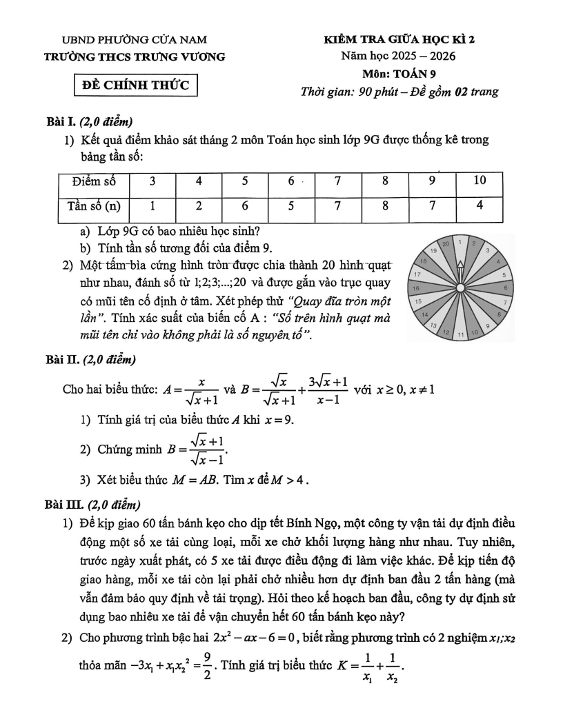 Đề thi Giữa kì 2 Toán 9 trường THCS Trưng Vương (Hà Nội) năm 2025-2026