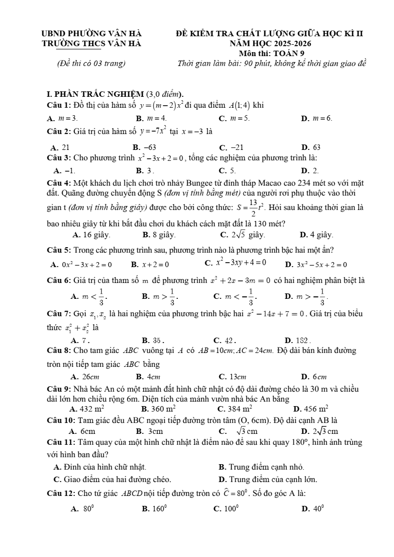 Đề thi Giữa kì 2 Toán 9 trường THCS Vân Hà (Bắc Ninh) năm 2025-2026