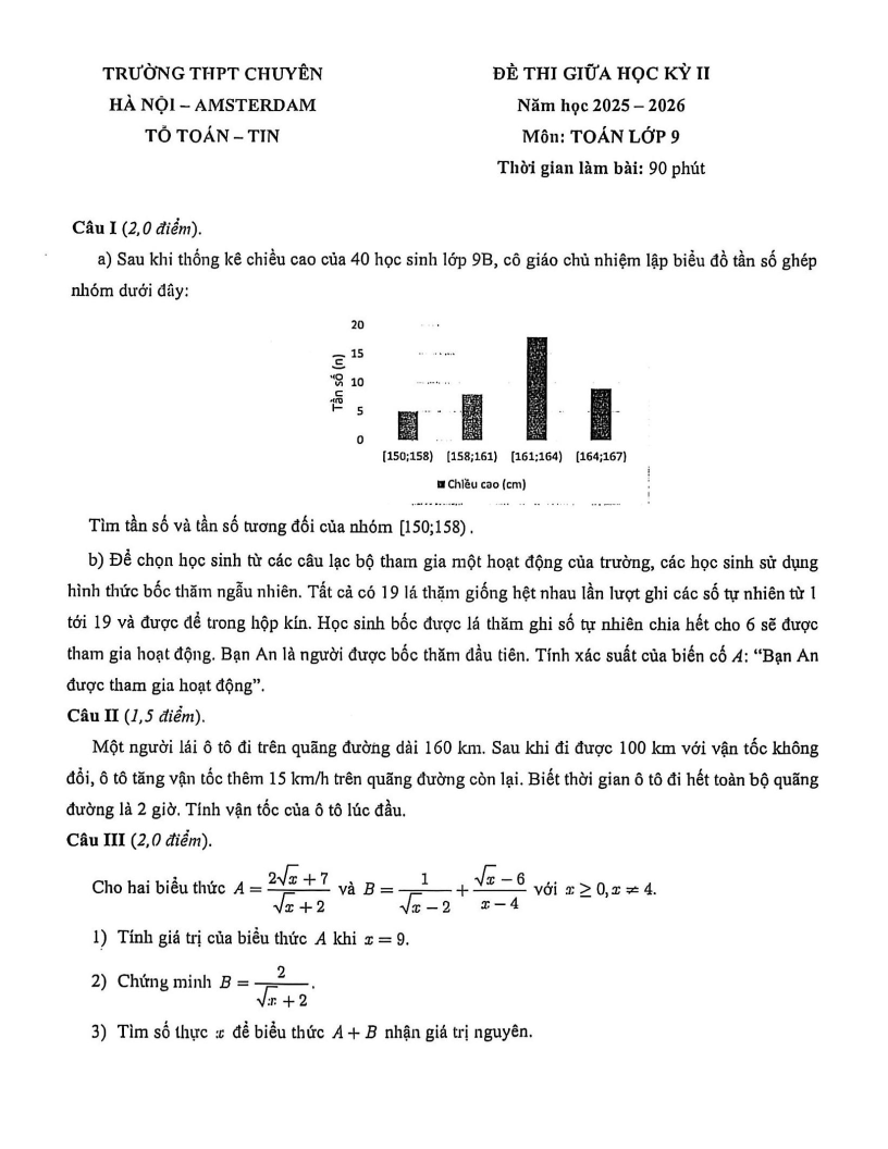 Đề thi Giữa kì 2 Toán 9 trường THPT chuyên Hà Nội – Amsterdam năm 2025-2026