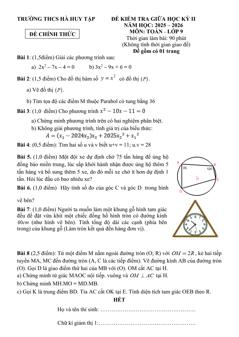 Đề thi Giữa kì 2 Toán 9 trường THCS Hà Huy Tập (TP HCM) năm 2025-2026