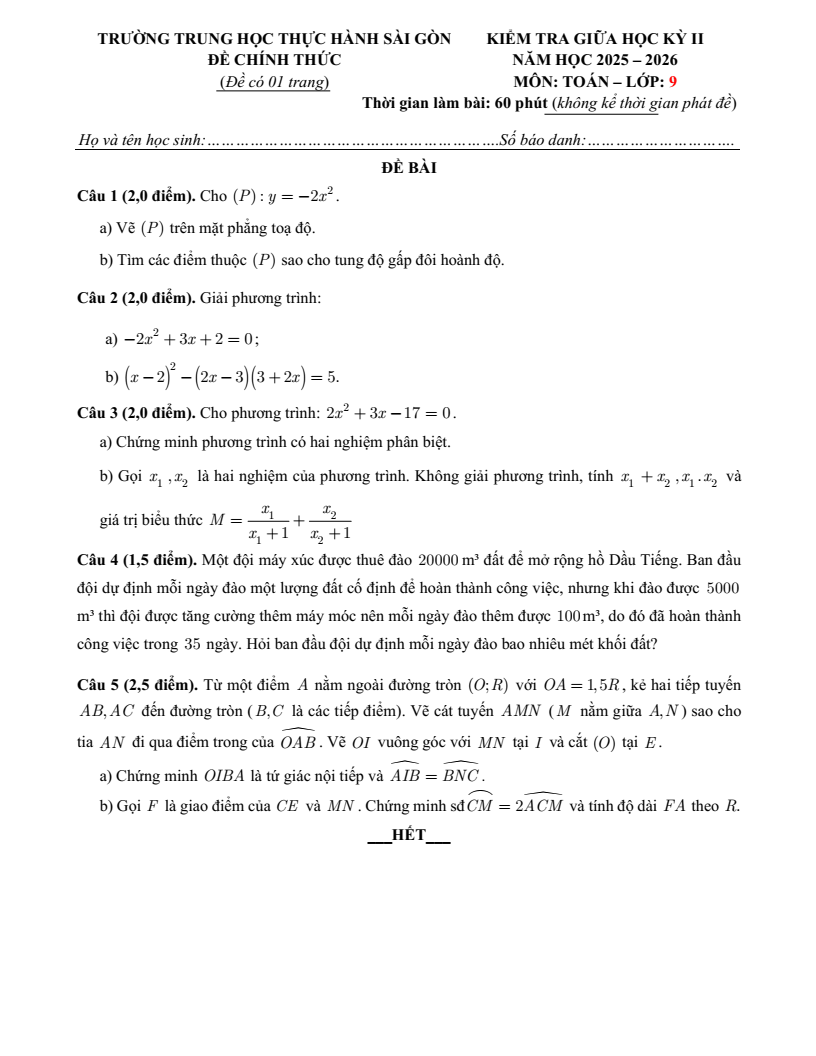 Đề thi Giữa kì 2 Toán 9 trường Thực hành Sài Gòn (TP HCM) năm 2025-2026
