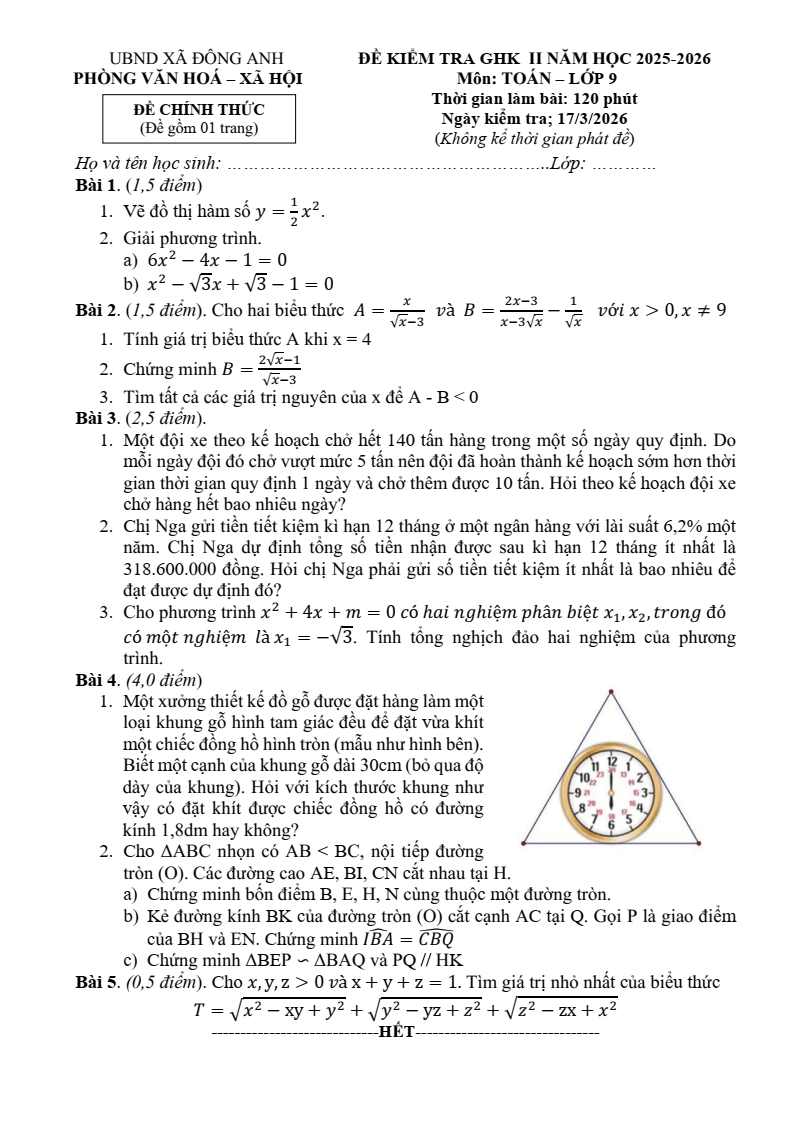 Đề thi Giữa kì 2 Toán 9 xã Đông Anh (Hà Nội) năm 2025-2026