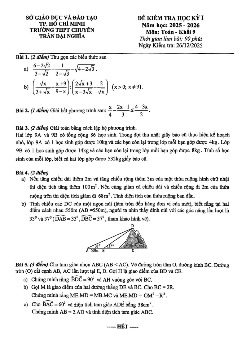 Đề thi Học kì 1 Toán 9 trường chuyên Trần Đại Nghĩa (Tp.HCM) năm 2025-2026