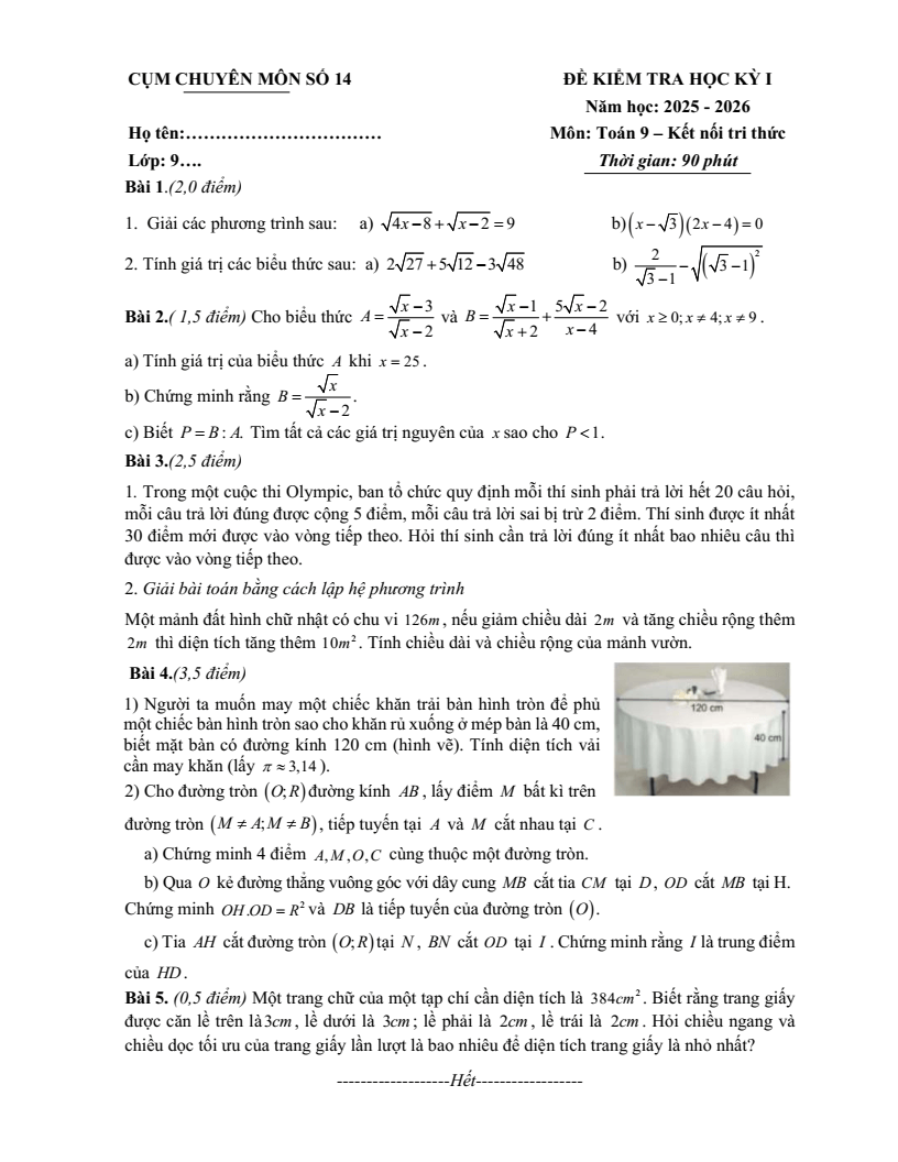 Đề thi Học kì 1 Toán 9 cụm chuyên môn số 14 Hà Nội năm 2025-2026
