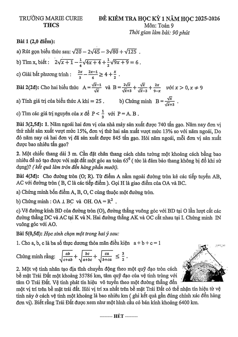 Đề thi Học kì 1 Toán 9 trường Marie Curie (Hà Nội) năm 2025-2026