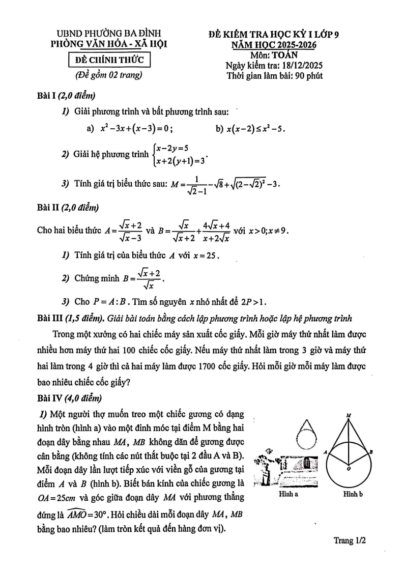 Đề thi Học kì 1 Toán 9 phường Ba Đình (Hà Nội) năm 2025-2026