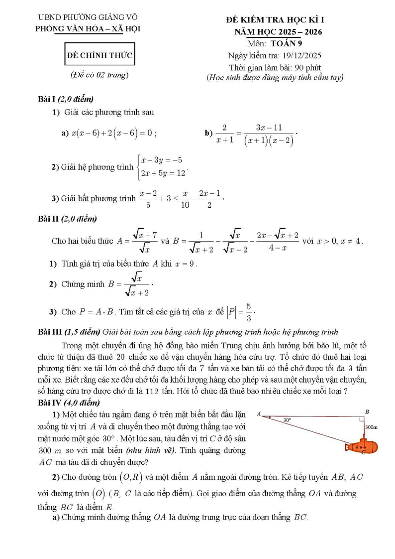 Đề thi Học kì 1 Toán 9 phường Giảng Võ (Hà Nội) năm 2025-2026