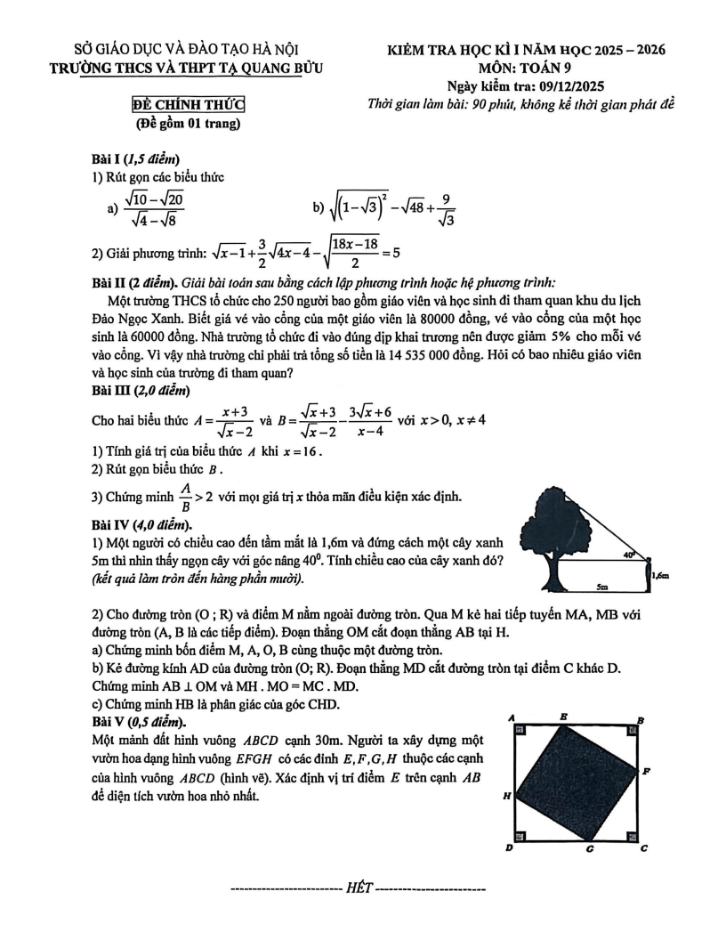 Đề thi Học kì 1 Toán 9 trường Tạ Quang Bửu (Hà Nội) năm 2025-2026