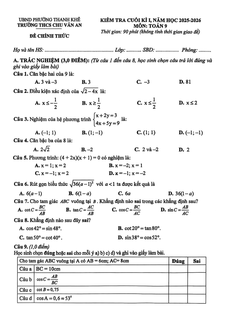Đề thi Học kì 1 Toán 9 trường THCS Chu Văn An (Đà Nẵng) năm 2025-2026